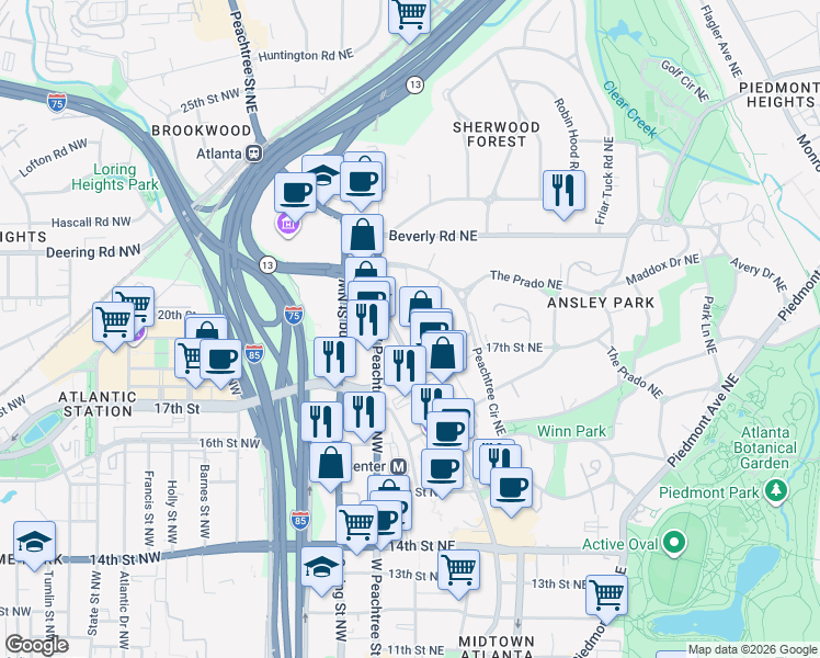 map of restaurants, bars, coffee shops, grocery stores, and more near 1409-1427 Peachtree Street Northeast in Atlanta