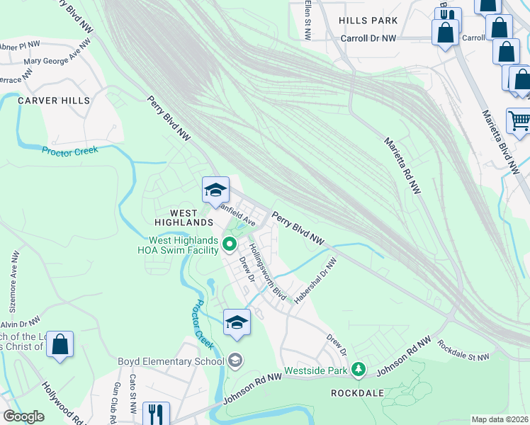 map of restaurants, bars, coffee shops, grocery stores, and more near 973 Arthur Lane Northwest in Atlanta