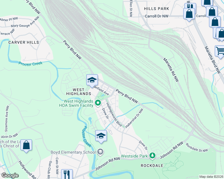 map of restaurants, bars, coffee shops, grocery stores, and more near 973 Arthur Lane Northwest in Atlanta