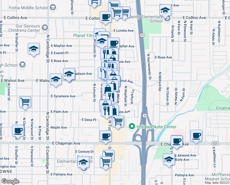 map of restaurants, bars, coffee shops, grocery stores, and more near 401 North Tustin Street in Orange