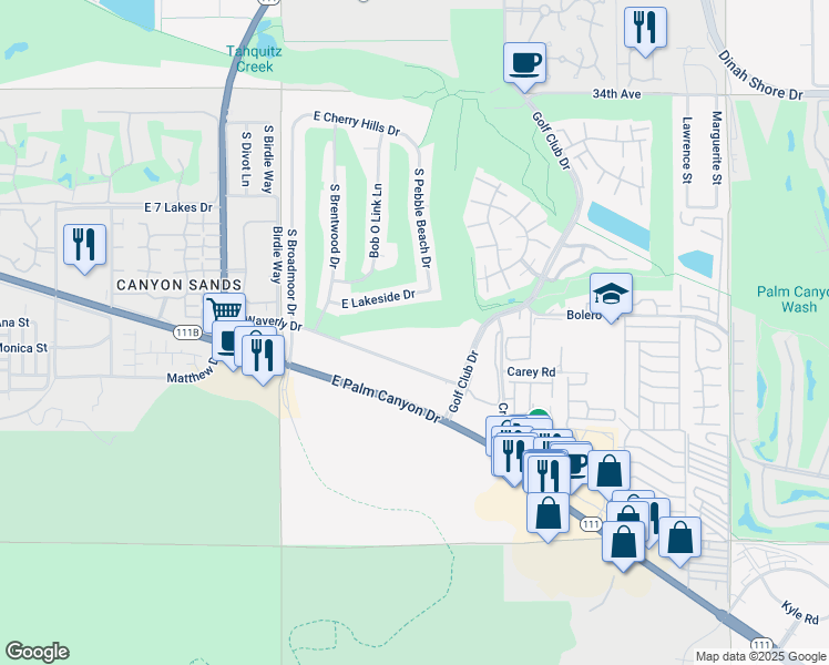 map of restaurants, bars, coffee shops, grocery stores, and more near 5300 East Waverly Drive in Palm Springs