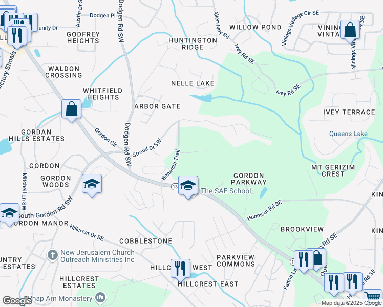 map of restaurants, bars, coffee shops, grocery stores, and more near 20 Hidden Court in Mableton