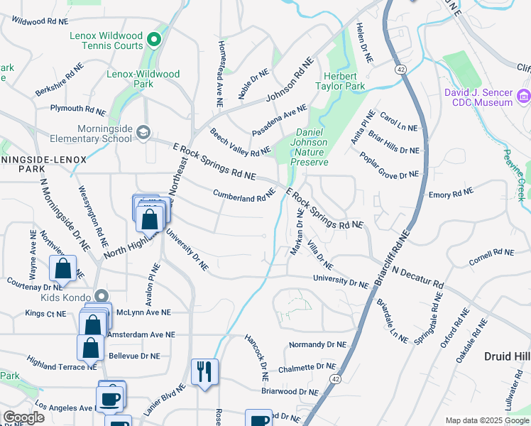 map of restaurants, bars, coffee shops, grocery stores, and more near 1274 Reeder Circle Northeast in Atlanta