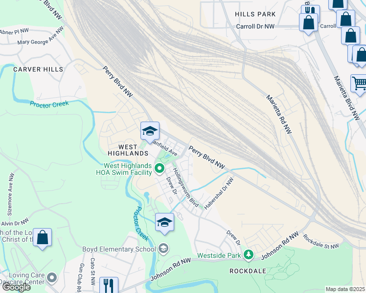 map of restaurants, bars, coffee shops, grocery stores, and more near 973 Arthur Lane Northwest in Atlanta