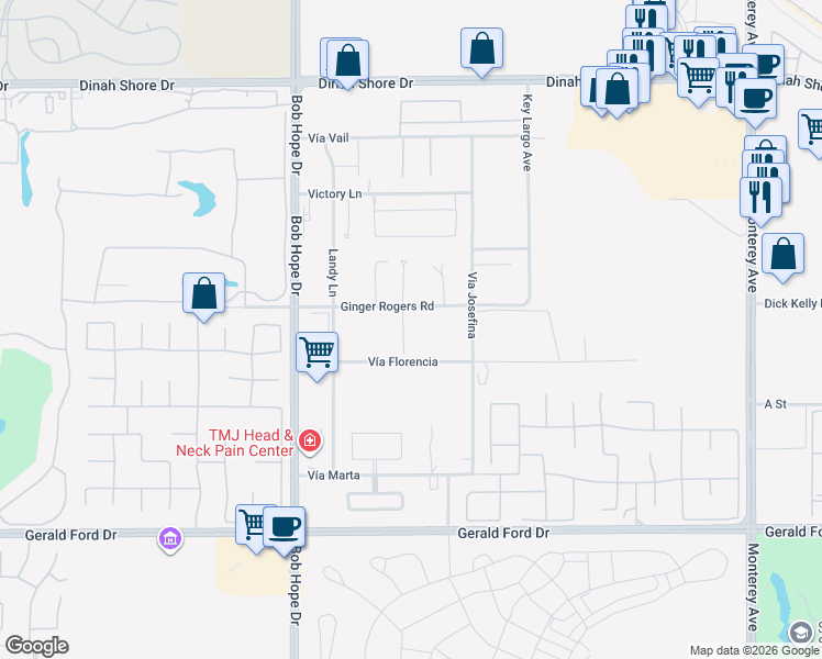 map of restaurants, bars, coffee shops, grocery stores, and more near 72170 Mesa Drive in Rancho Mirage