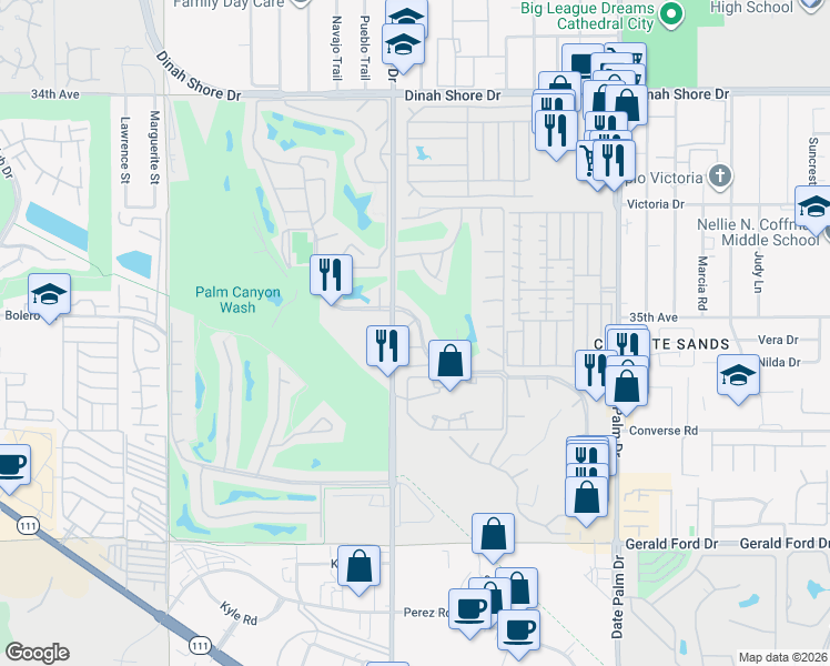 map of restaurants, bars, coffee shops, grocery stores, and more near 68563 Paseo Real in Cathedral City