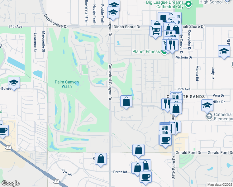 map of restaurants, bars, coffee shops, grocery stores, and more near 68563 Paseo Real in Cathedral City