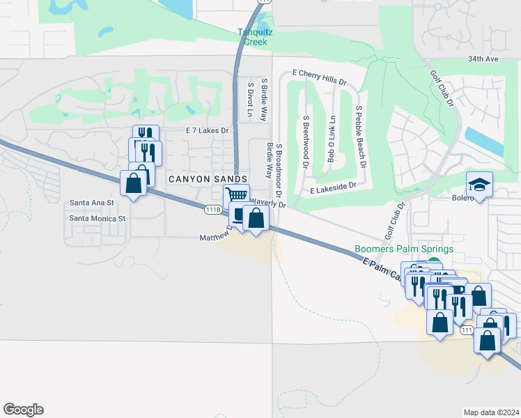 map of restaurants, bars, coffee shops, grocery stores, and more near 2601 South Broadmoor Drive in Palm Springs