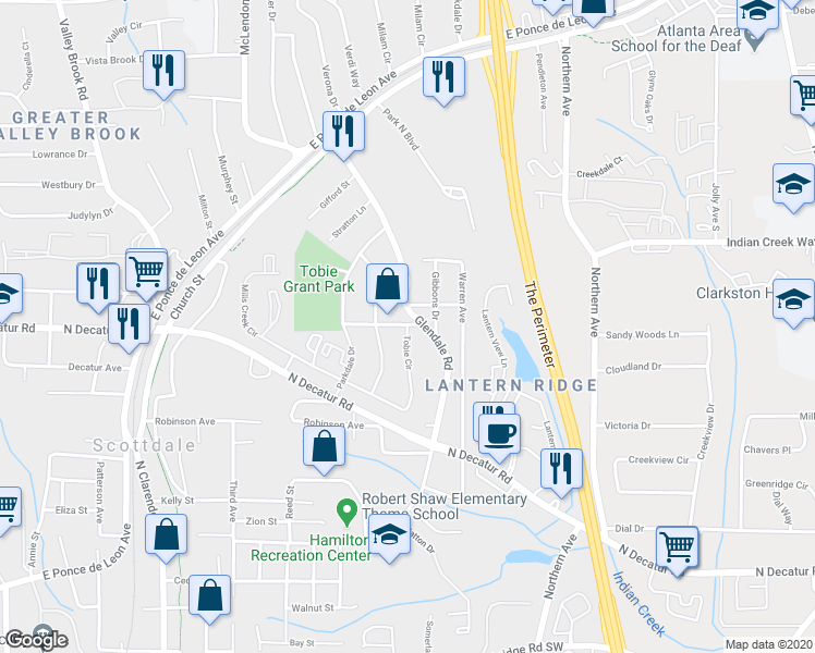 map of restaurants, bars, coffee shops, grocery stores, and more near 3399 Tobie Circle in Scottdale