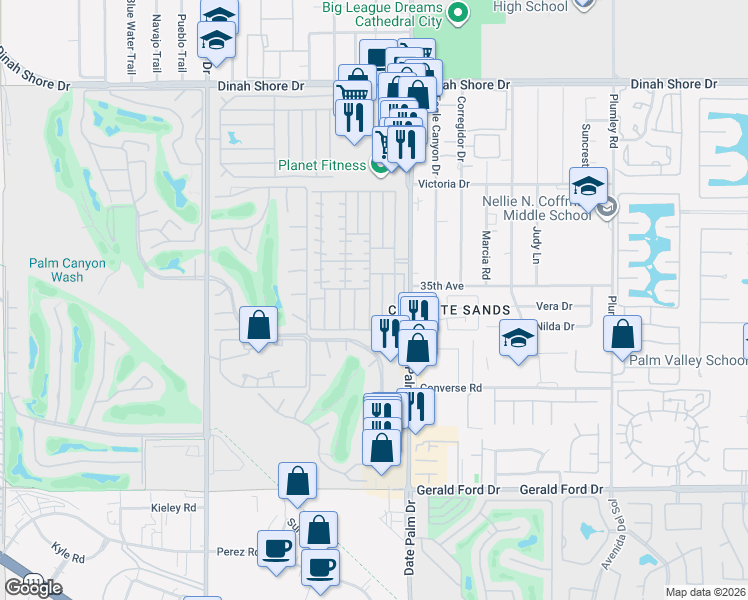map of restaurants, bars, coffee shops, grocery stores, and more near 285 Butterfield in Cathedral City