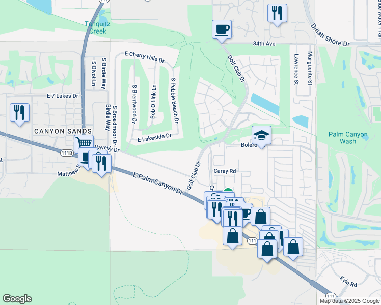 map of restaurants, bars, coffee shops, grocery stores, and more near 2601 Golf Club Drive in Palm Springs