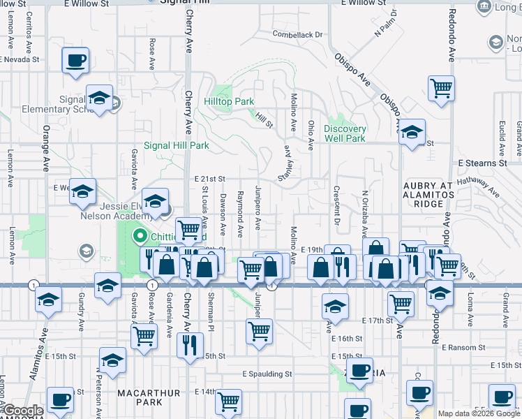 map of restaurants, bars, coffee shops, grocery stores, and more near 2493 East 20th Street in Signal Hill