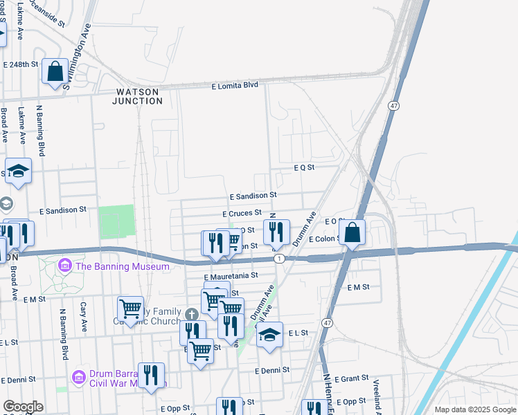 map of restaurants, bars, coffee shops, grocery stores, and more near 1413 East Cruces Street in Los Angeles