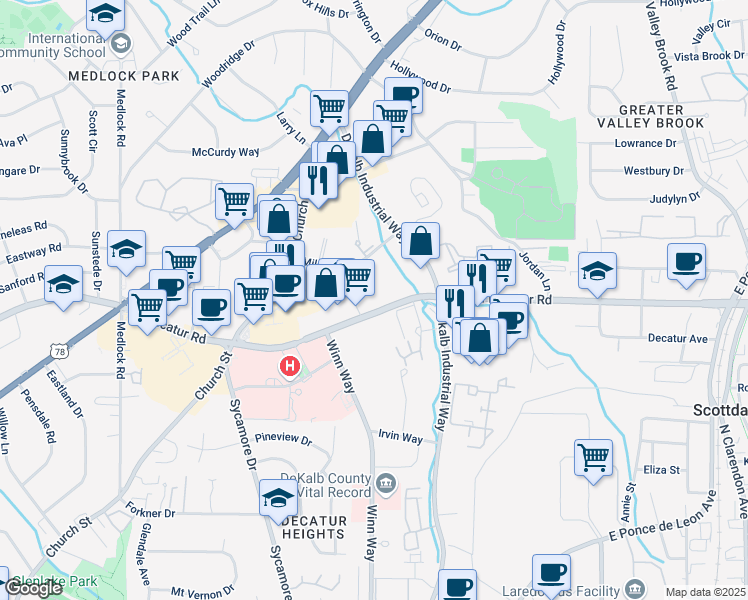 map of restaurants, bars, coffee shops, grocery stores, and more near 2784 North Decatur Road in Decatur