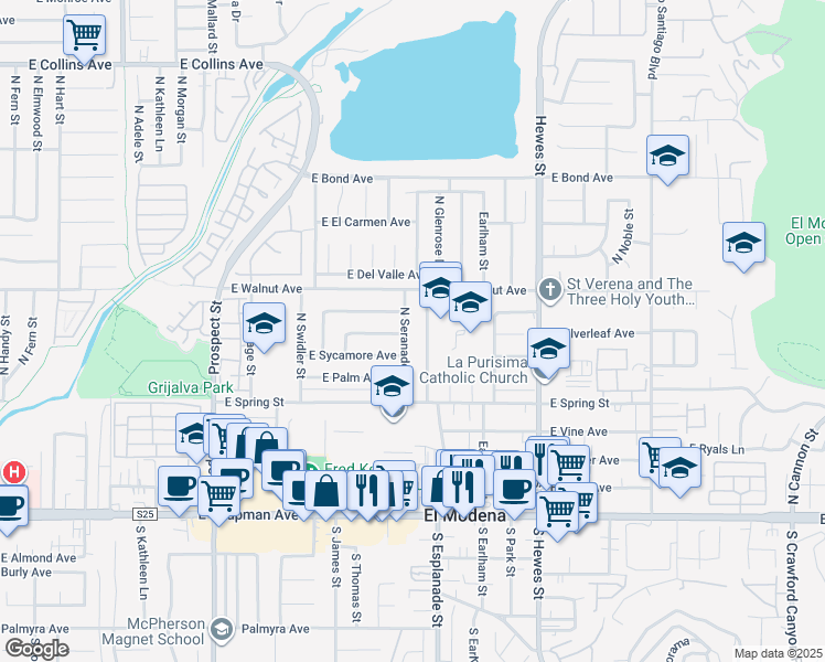 map of restaurants, bars, coffee shops, grocery stores, and more near 425 North Seranado Street in Orange