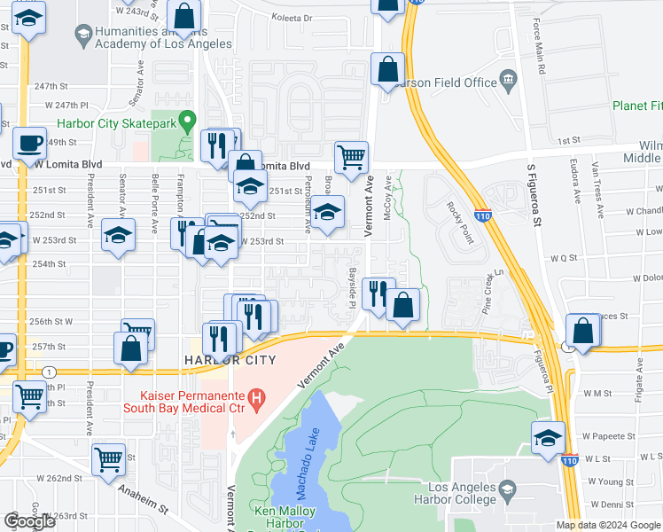 map of restaurants, bars, coffee shops, grocery stores, and more near 25408 Baycrest Court in Los Angeles