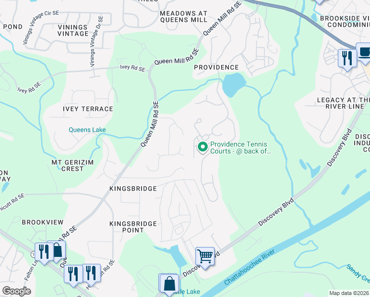 map of restaurants, bars, coffee shops, grocery stores, and more near 890 Bishops Run Lane in Mableton