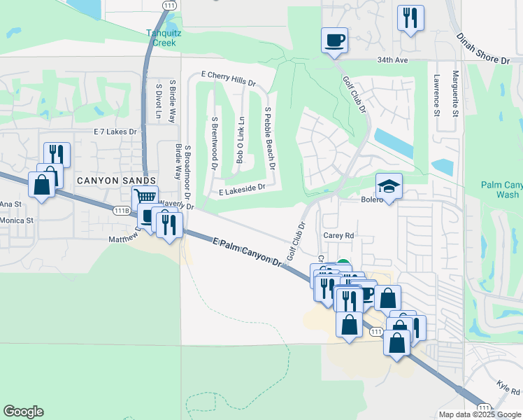 map of restaurants, bars, coffee shops, grocery stores, and more near 5300 East Waverly Drive in Palm Springs