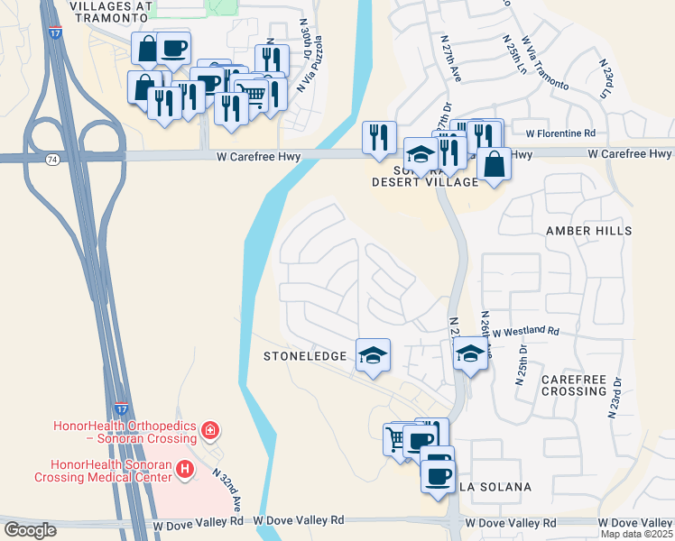 map of restaurants, bars, coffee shops, grocery stores, and more near West Amber Sun Drive in Phoenix