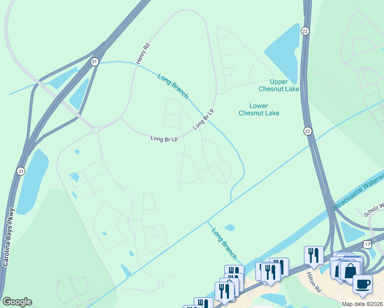 map of restaurants, bars, coffee shops, grocery stores, and more near 6449 Long Bay Road in Longs