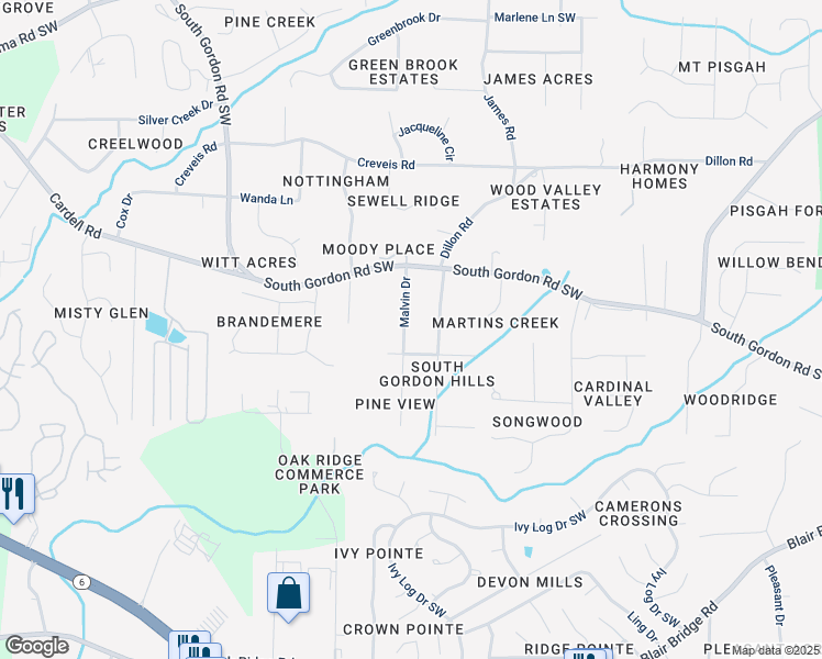 map of restaurants, bars, coffee shops, grocery stores, and more near 6595 Malvin Drive in Austell