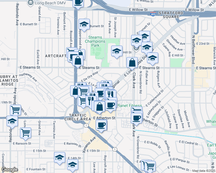 map of restaurants, bars, coffee shops, grocery stores, and more near 4841 East Los Coyotes Diagonal in Long Beach