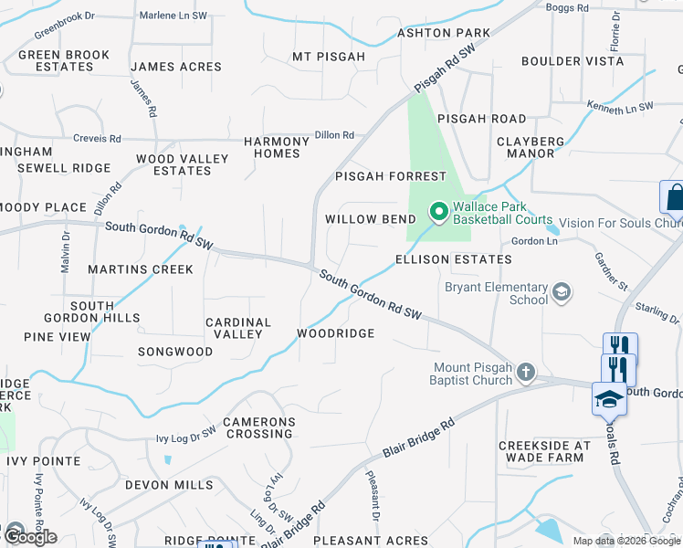 map of restaurants, bars, coffee shops, grocery stores, and more near 6587 Willow Bend Lane in Austell