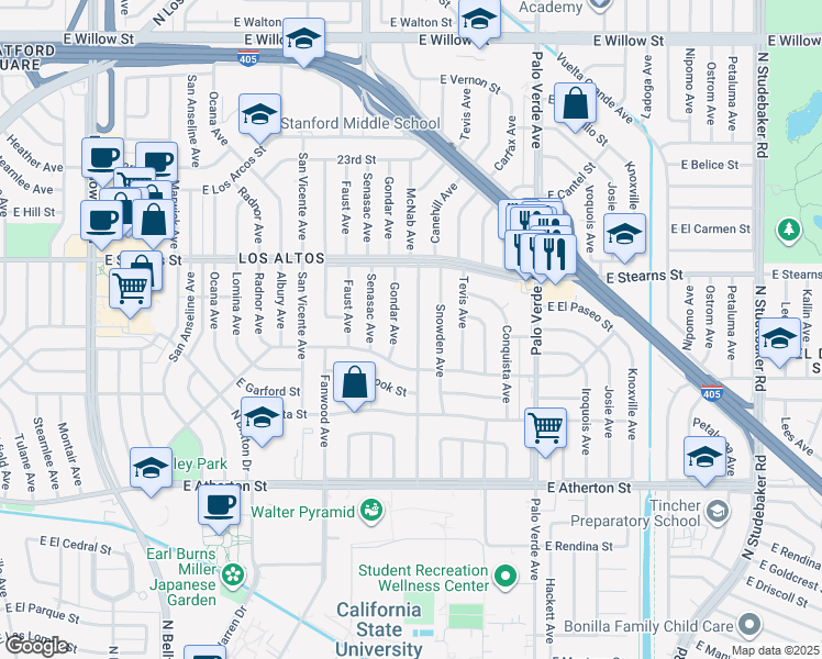 map of restaurants, bars, coffee shops, grocery stores, and more near 2051 McNab Avenue in Long Beach