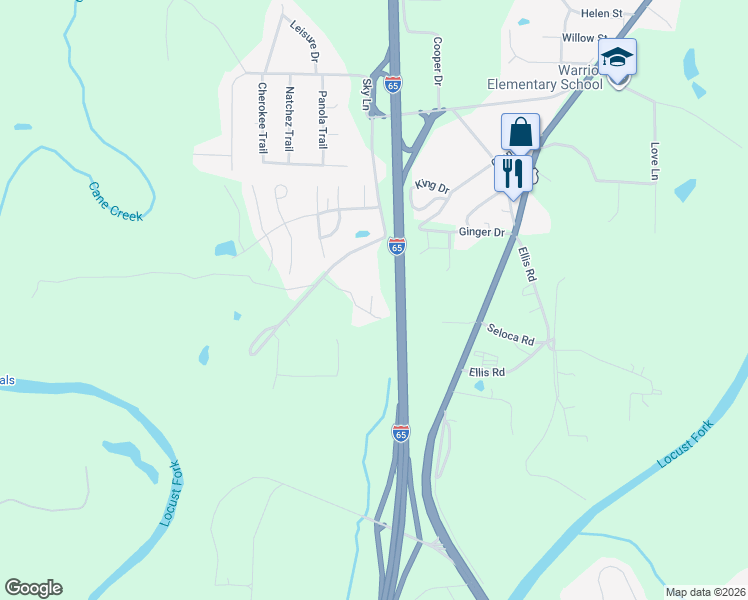 map of restaurants, bars, coffee shops, grocery stores, and more near 72 Ledlow Road in Warrior