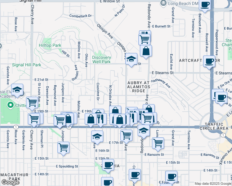 map of restaurants, bars, coffee shops, grocery stores, and more near 2001 Freeman Avenue in Signal Hill