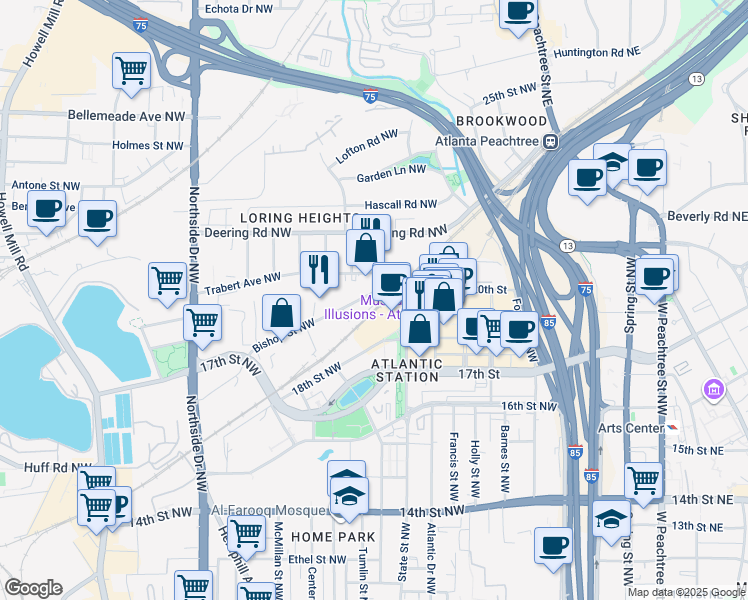 map of restaurants, bars, coffee shops, grocery stores, and more near 395 Bishop Street Northwest in Atlanta
