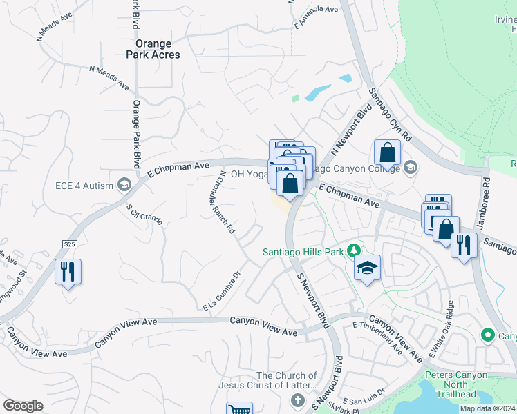 map of restaurants, bars, coffee shops, grocery stores, and more near 7342 East Saddlehorn Way in Orange