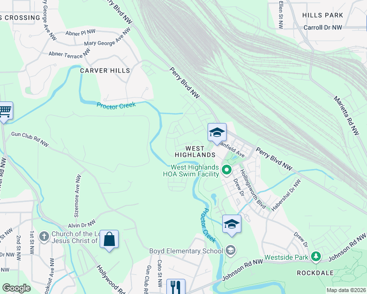 map of restaurants, bars, coffee shops, grocery stores, and more near 1954 Drew Drive in Atlanta