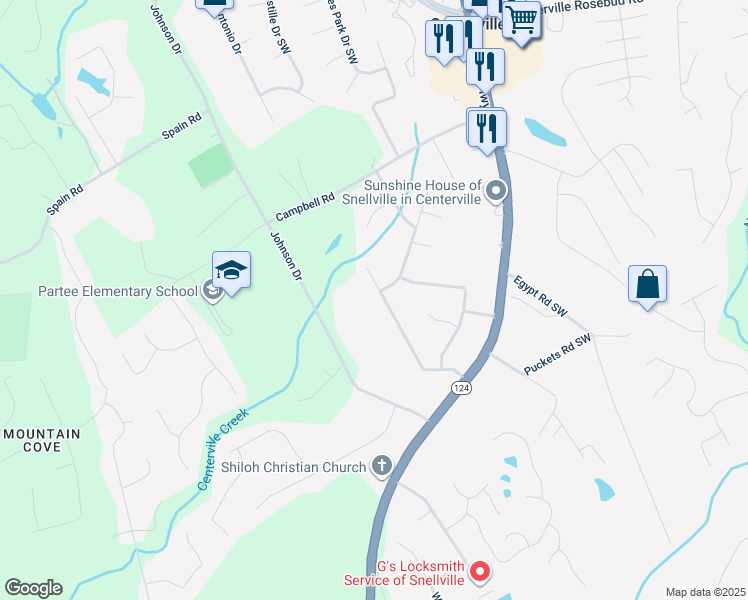 map of restaurants, bars, coffee shops, grocery stores, and more near 4270 Mountain Glen Trace in Snellville