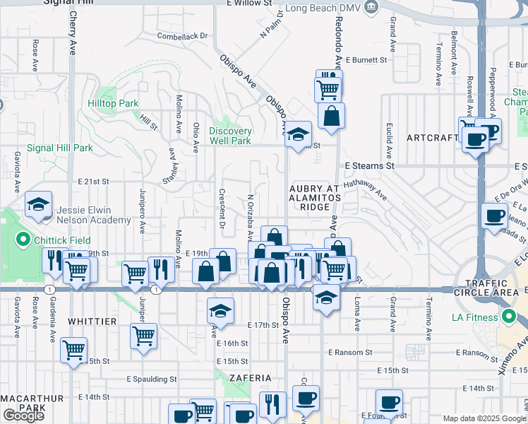 map of restaurants, bars, coffee shops, grocery stores, and more near 2001 Freeman Avenue in Signal Hill