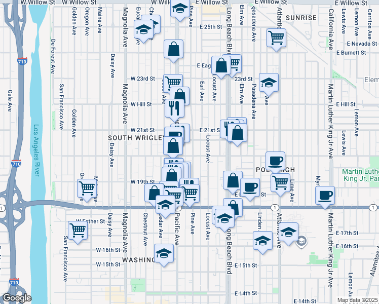 map of restaurants, bars, coffee shops, grocery stores, and more near 2015 Pine Avenue in Long Beach