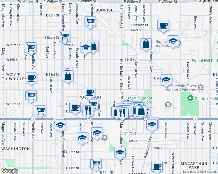 map of restaurants, bars, coffee shops, grocery stores, and more near 830 East 20th Street in Long Beach