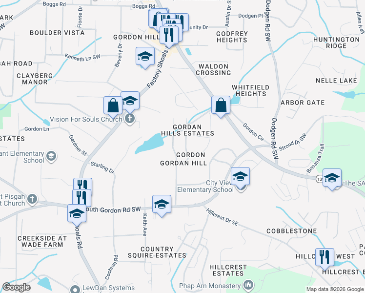map of restaurants, bars, coffee shops, grocery stores, and more near 6600 Valley Hill Drive in Mableton