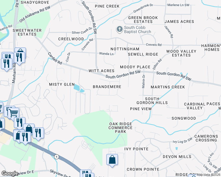 map of restaurants, bars, coffee shops, grocery stores, and more near 6563 Brandemere Way Southwest in Austell