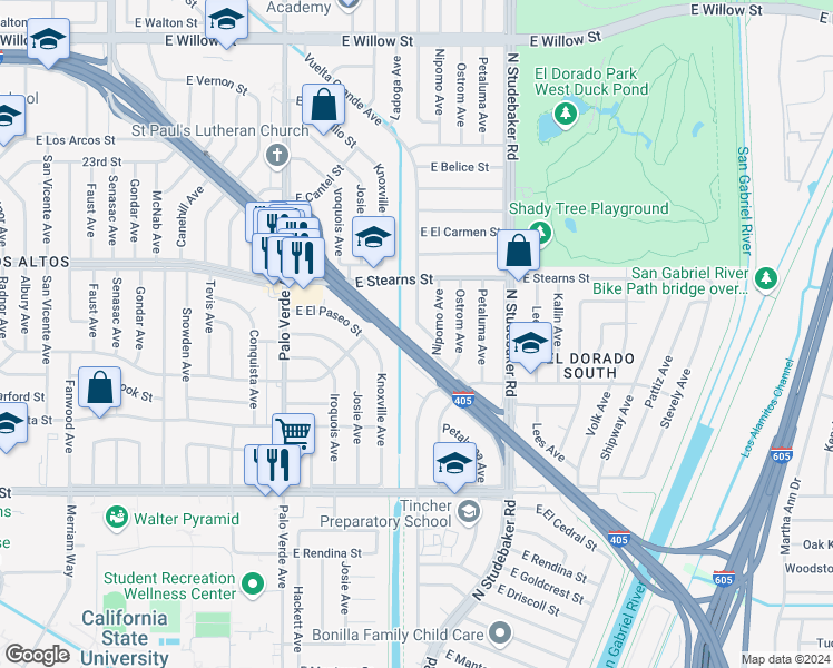 map of restaurants, bars, coffee shops, grocery stores, and more near 2125 Vuelta Grande Avenue in Long Beach