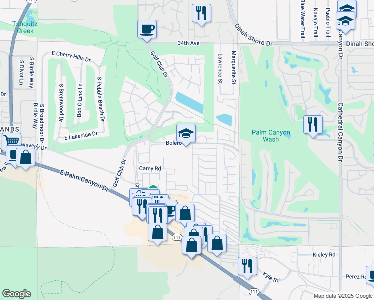 map of restaurants, bars, coffee shops, grocery stores, and more near 67675 Bolero Road in Palm Springs