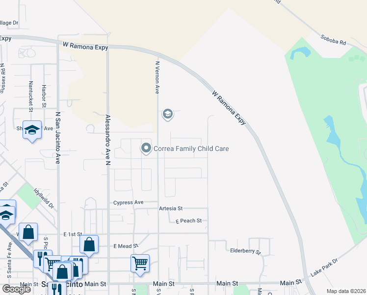 map of restaurants, bars, coffee shops, grocery stores, and more near 873 Canopy Lane in San Jacinto