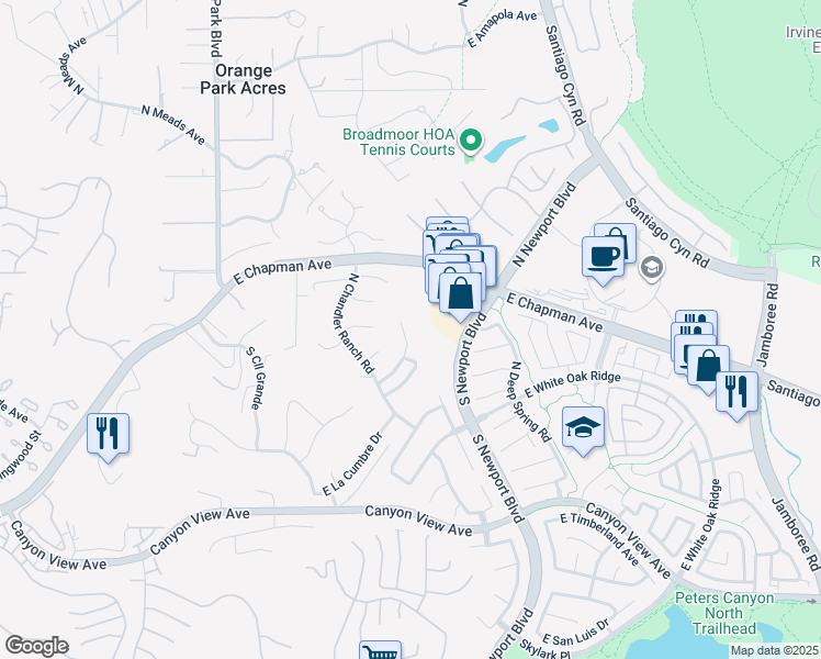 map of restaurants, bars, coffee shops, grocery stores, and more near 7342 East Saddlehorn Way in Orange