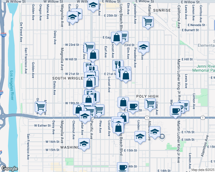 map of restaurants, bars, coffee shops, grocery stores, and more near 202 East 20th Street in Long Beach
