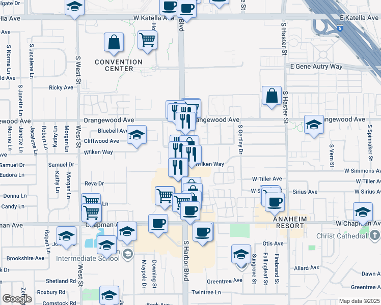 map of restaurants, bars, coffee shops, grocery stores, and more near 2170 South Harbor Boulevard in Anaheim