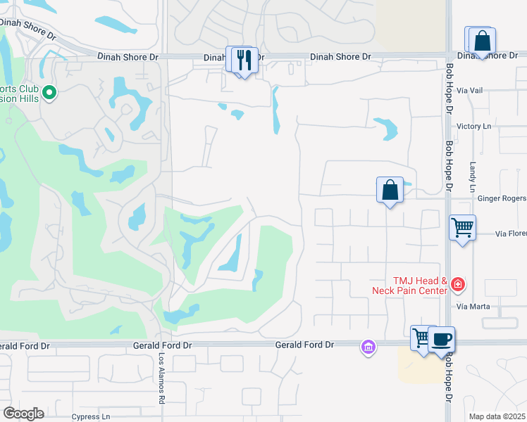map of restaurants, bars, coffee shops, grocery stores, and more near 12124 Turnberry Drive in Rancho Mirage