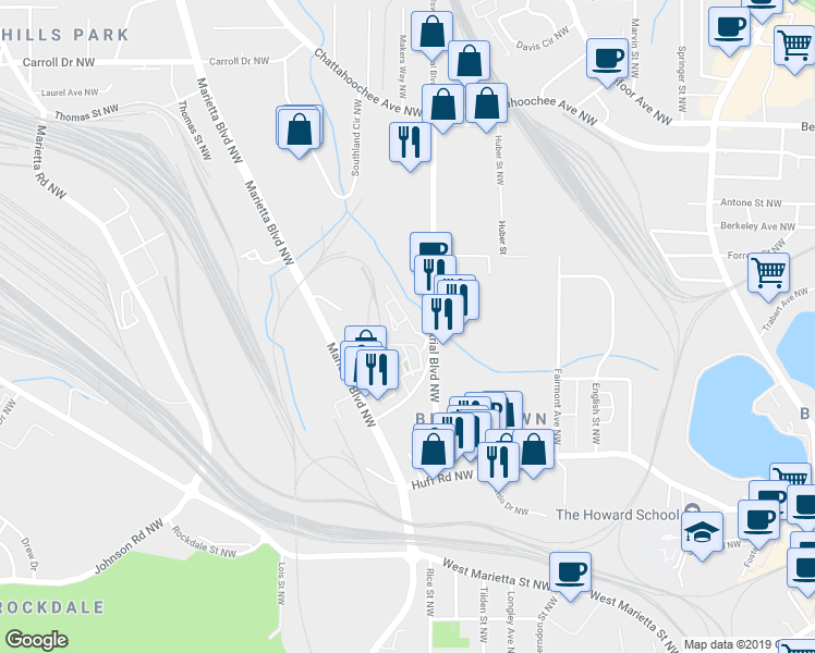 map of restaurants, bars, coffee shops, grocery stores, and more near 1356 Peter Haughton Way in Atlanta