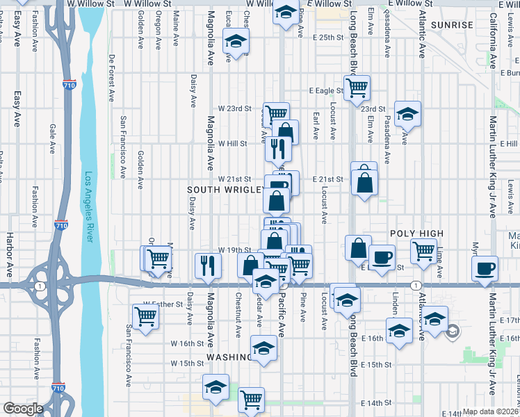 map of restaurants, bars, coffee shops, grocery stores, and more near 2011 Cedar Avenue in Long Beach