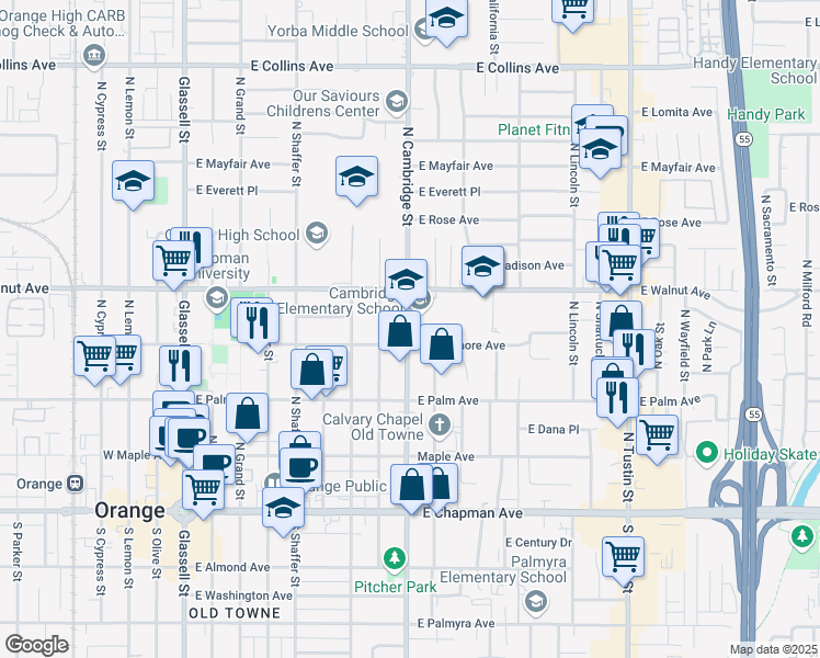 map of restaurants, bars, coffee shops, grocery stores, and more near 404 North Cambridge Street in Orange