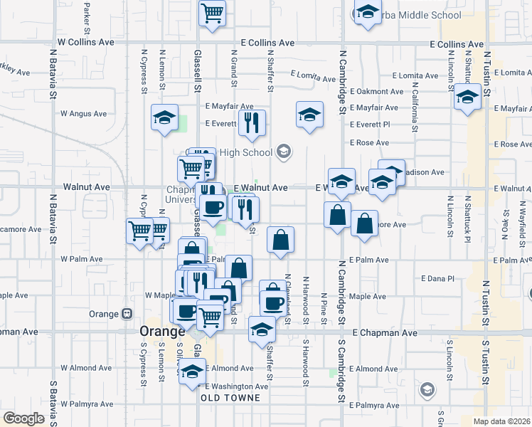 map of restaurants, bars, coffee shops, grocery stores, and more near 406 North Shaffer Street in Orange